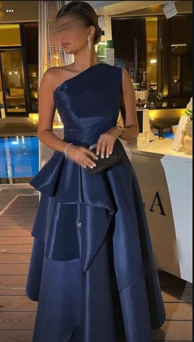 Pretty A line One Shoulder Navy Blue Satin Party Dresses Formal Summer Wedding Guest Dresses Wedding Guest Outfits DP2133
