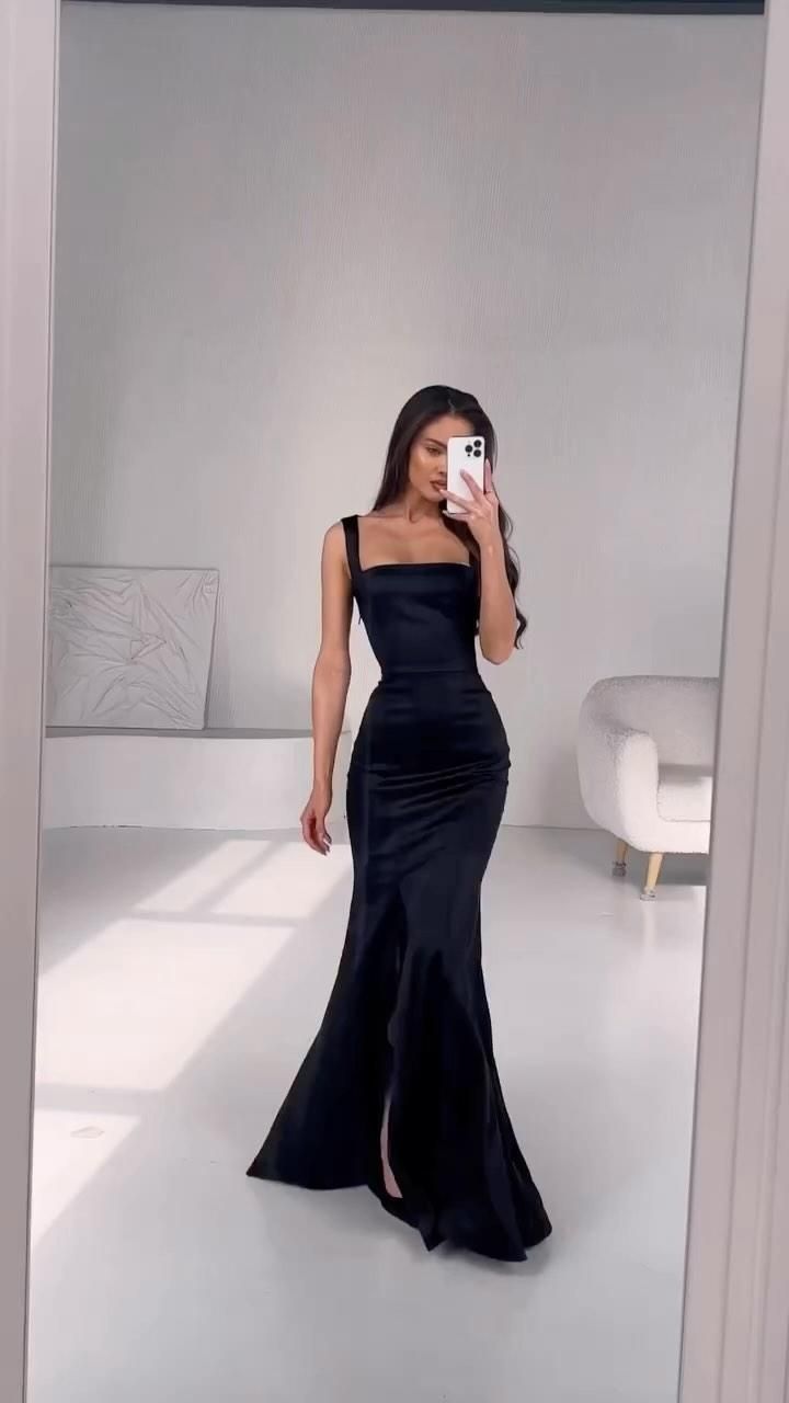Simple Mermaid Square Neck Sleeveless Black Satin Prom Dresses Formal Summer Wedding Guest Dresses Wedding Guest Outfits DP2208