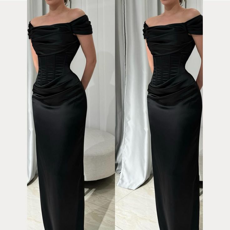 Sexy A line Off The Shoulder Black Satin Prom Dresses Formal Summer Wedding Guest Dresses Wedding Guest Outfits DP2215