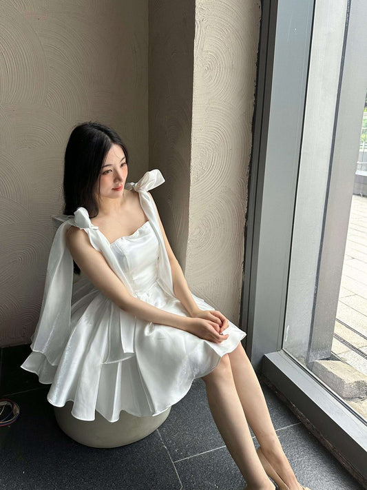 Sexy A line Spaghetti Straps Satin White Short Homecoming Dress Summer Hoco Dresses Cocktail Dress Birthday Outfits DP2290