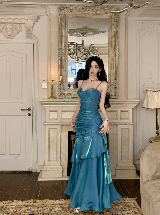 Pretty Mermaid Spaghetti Straps Sleeveless Blue Prom Gown Long Evening Dress Prom Dresses DP229