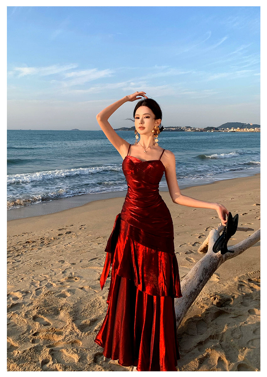 Modest Mermaid Spaghetti Straps Sleeveless Maroon Red Long Evening Dress Prom Dresses DP233