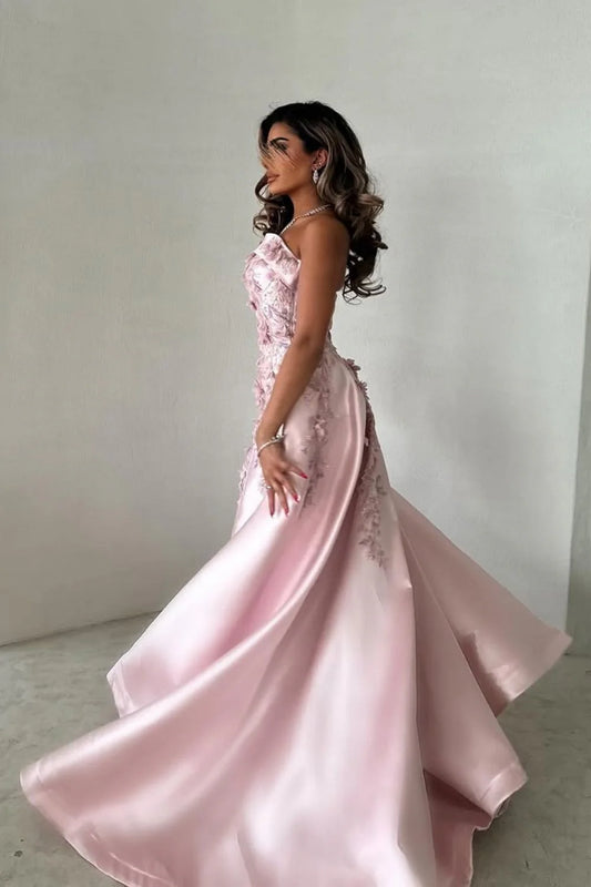 Elegantes rosa A-Linien-Partykleid aus Satin ohne Träger mit Applikationen und Schleppe DP243
