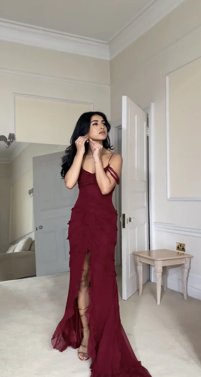Sexy Burgundy Ruffles Chiffon Slit Prom Dress Mermaid Evening Dress Charming Party Dress DP273