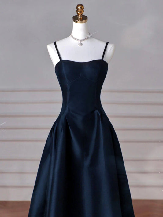 Sexy, schlichtes, langes Ballkleid aus dunkelblauem Satin in A-Linie, langes Abendkleid in Dunkelblau, DP278