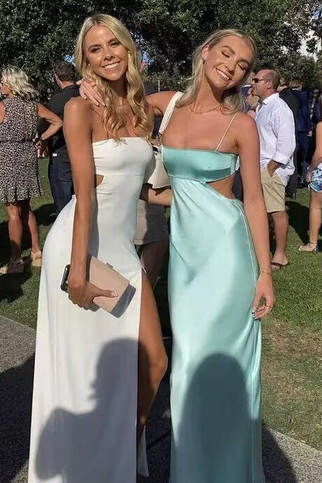 Sexy Aquablau Etuikleid mit Trägern aus Seidensatin, langes Abendkleid, DP279