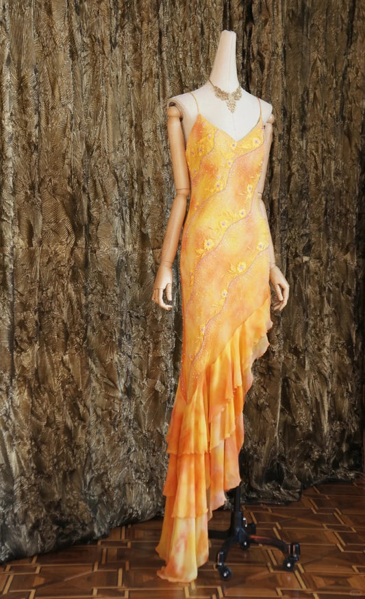 Vintage Spaghetti Strap Sheath Chiffon Beaded Long Yellow Evening Dress Sweet 16 Dress DP2902