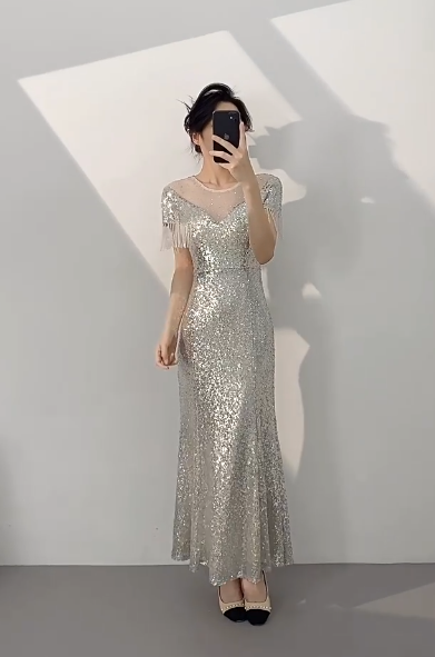 Elegant Silver Jewel Sheath Mother of the Bride Dress Sequined Formal Evening Gown DP2962