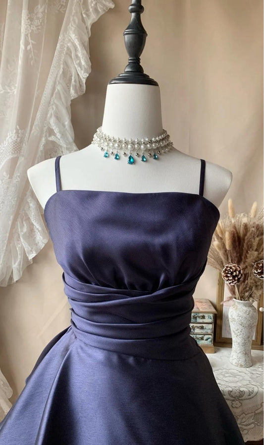 Cute A-Line Short Prom Dresses Spaghetti Straps Satin Birthday Dresses, Navy Blue Homecoming Dresses DP3002