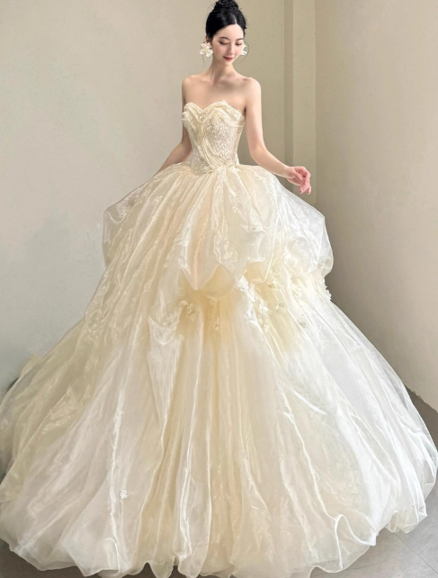 Elegant Strapless Ball Gown Tulle Long Luxury Wedding Dresses Light Champagne Sleeveless Bridal Gowns DP3019