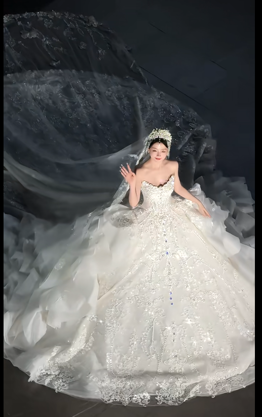 Elegant Strapless Ball Gown Tulle Beaded Wedding Dress, White Bridal Gowns DP3026