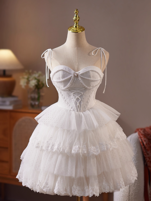 Simple Spaghetti Strap Tulle Lace Wedding Dresses White Short Bridal Gowns DP3184