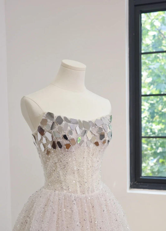 Strapless A-Line Tulle Mirrors Simple Wedding Dresses Sleeveless White Bridal Gowns DP3212