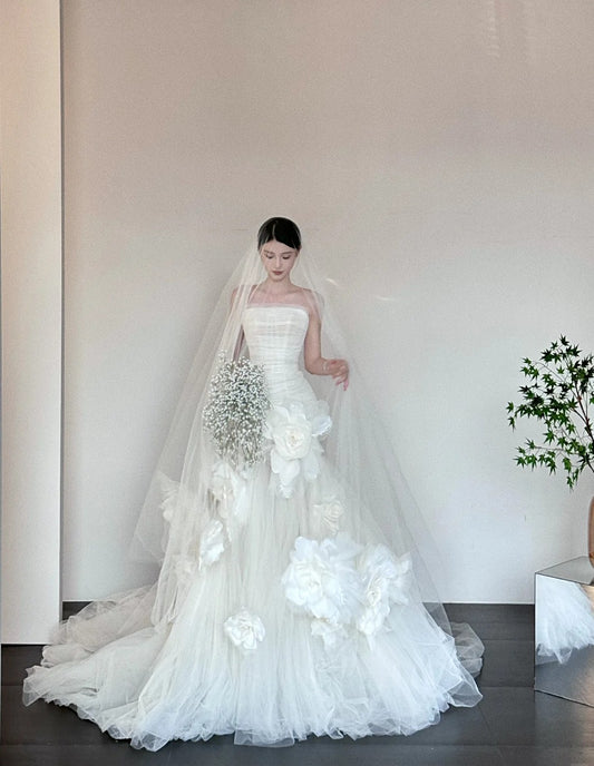 Timeless Strapless Mermaid Tulle Simple Wedding Dresses Sleeveless Ivory Bridal Gowns with Pleats DP3213