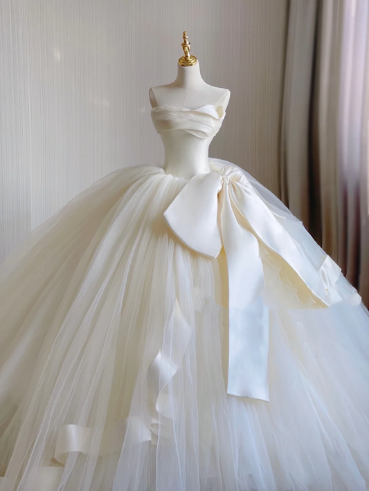 Timeless Ball Gown Strapless Satin Tulle Long White Wedding Dresses Brides Dress DP325