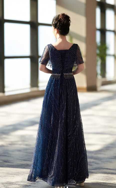 Elegant Sheath Navy Blue Mother of the Bride Dress Tulle Sequins Evening Gown DP3264