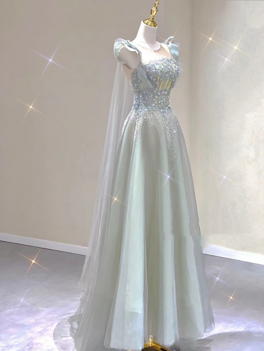 Hübsches A-Linien-Abendkleid mit U-Ausschnitt und langen Perlen und Tüll, ärmellos, Abendkleider, DP327