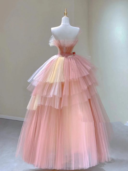 Hübsches Ballkleid Trägerlos Rosa Tüll Lange Ballkleider Abendkleider DP332