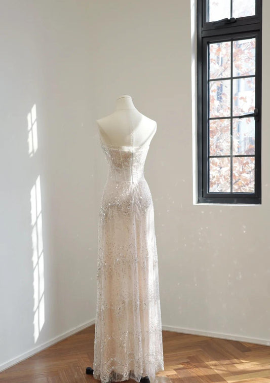 Simple Strapless Sheath Wedding Dresses Sequined Tulle White Bridal Gowns DP3352