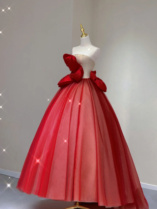 Hübsches Ballkleid Trägerlos Rot Tüll Lange Ballkleider Abendkleider DP346