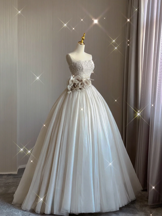 Hübsches Ballkleid Trägerlos Champagner Tüll Lange Ballkleider Abendkleider DP364