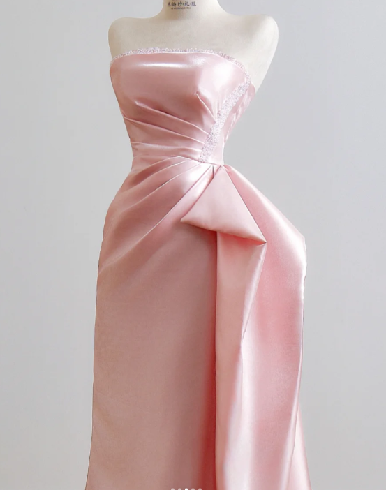 Cute Sheath Pink Long Prom Dresses Strapless Sleeveless Formal Dresses Satin Pink Birthday Dresses DP3826