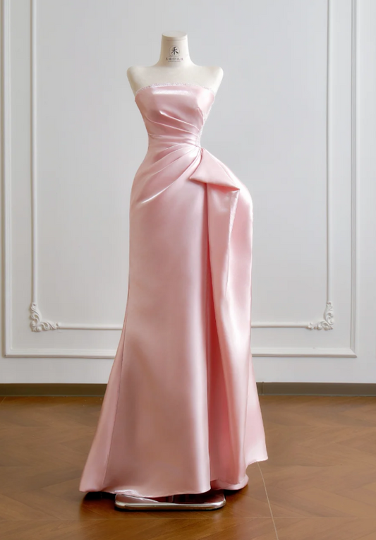 Cute Sheath Pink Long Prom Dresses Strapless Sleeveless Formal Dresses Satin Pink Birthday Dresses DP3826