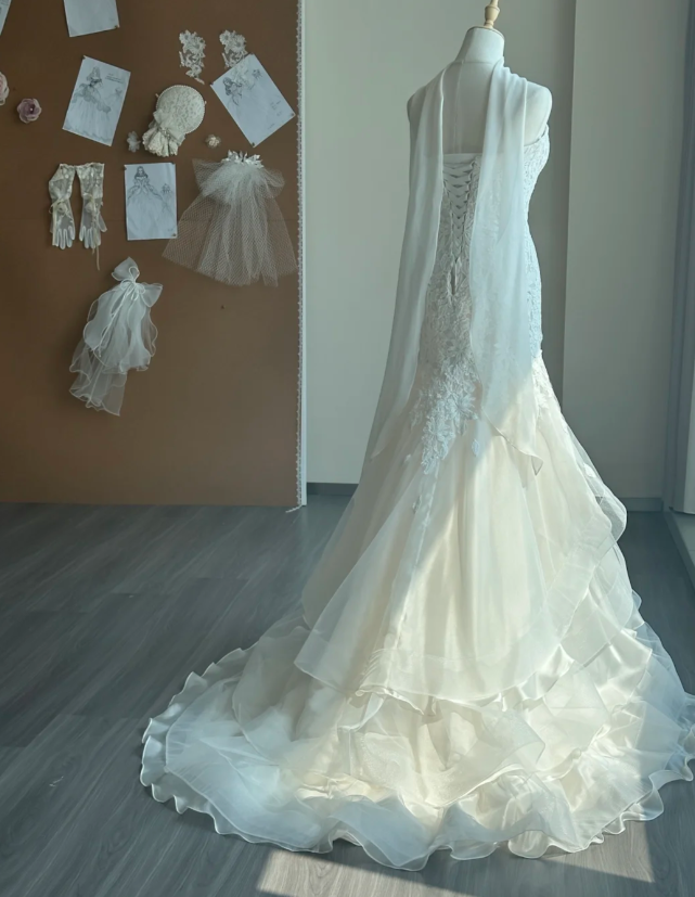 Simple Mermaid Lace Long Wedding Dresses with Appliqué, White Bridal Gowns, Sleeveless Bridal Dresses DP3990