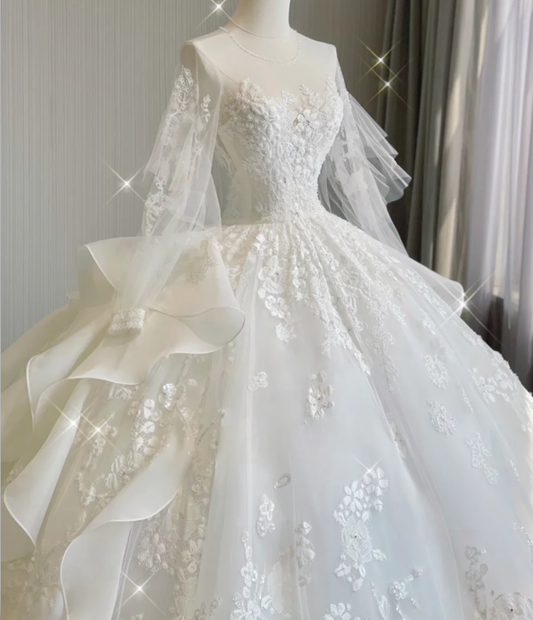 Unique Ball Gown Scoop Neckline Lace Long Sleeves White Wedding Dresses Brides Dress DP419