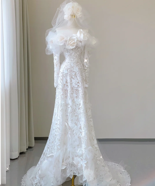 Edle Elegante Meerjungfrau Off The Shoulder Weiß Lange Ärmel Blumen Brautkleider Brautkleid DP458