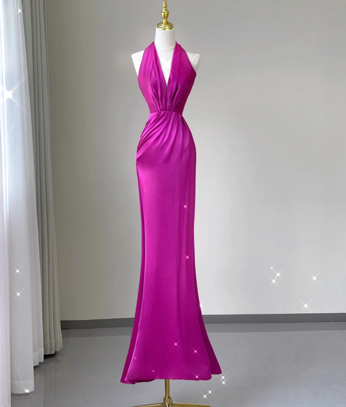 Hübsche Meerjungfrau Neckholder Rosa Satin Lange Ballkleider Abendkleider DP467