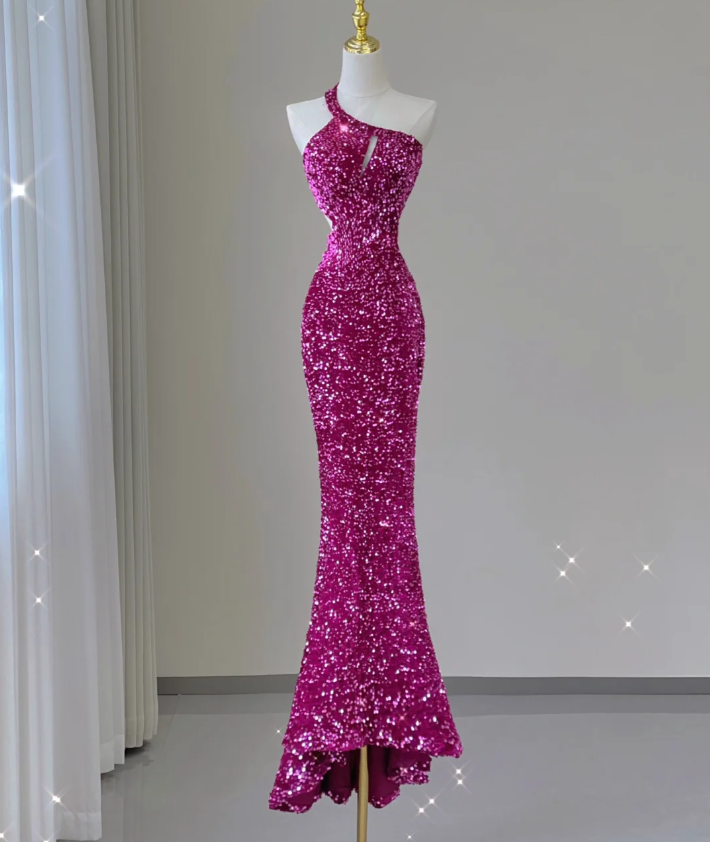 Robe de soirée longue sirène asymétrique à paillettes, sans manches, DP469