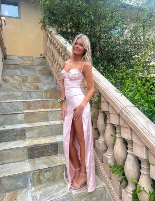Rosa Spaghettiträger Etuikleid Satin Langes Ballkleid Schlichtes Abendkleid Partykleid Formales Kleid mit Schlitz DP500