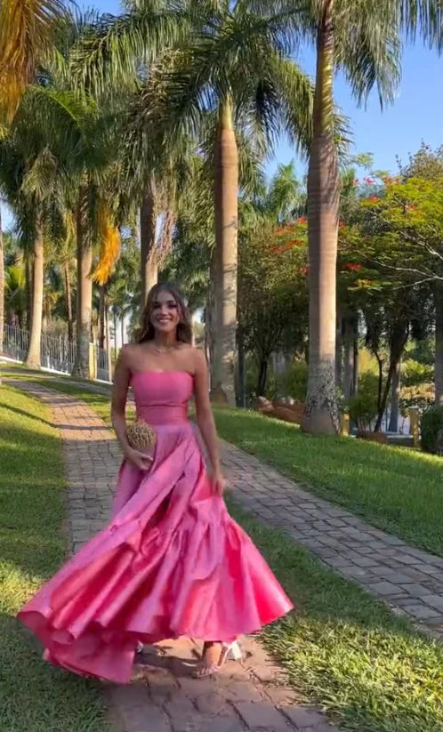 Edles Ballkleid Trägerlos Rosa Bodenlang Satin Schlitz Ballkleider Abendkleider Abschlussballkleider DP509