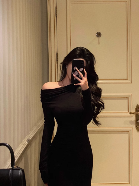 Elegantes schwarzes Meerjungfrauenkleid mit langen Ärmeln zum 18. Geburtstag, Partykleid, Geburtstags-Outfits, Geburtstagskleid-Ideen für Frauen, DP574