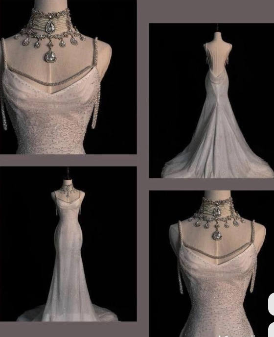 Chic White Mermaid Sequins Long Pleats Backless Wedding Dress Bridal Gowns DP621