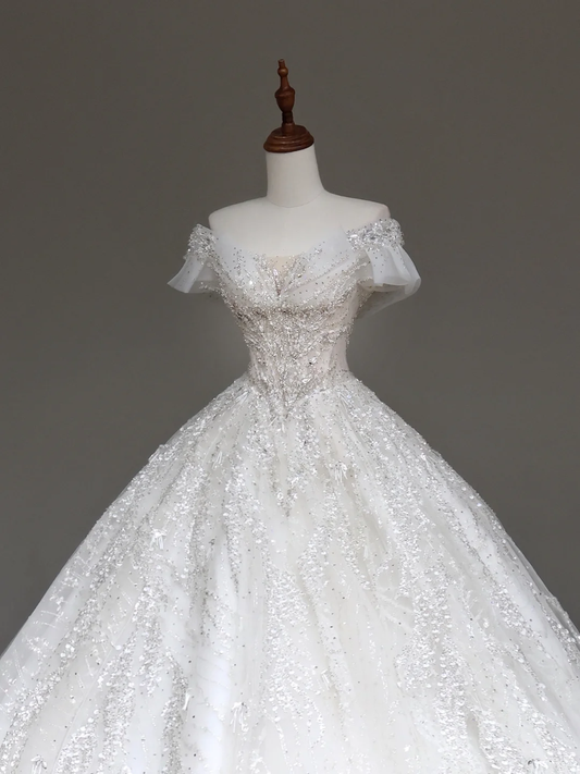 Luxury Ball Gown Wedding Dresses Off The Shoulder Short Sleeves Sequin Wedding Dress With Train DP648