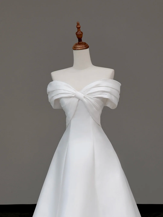 Classy Elegant A Line Off The Shoulder White Satin Long Wedding Dress Brides Dress DP653