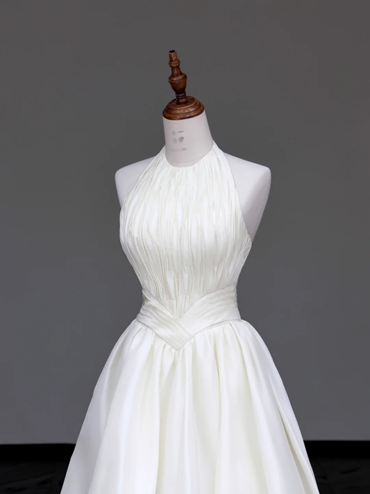Unique Bridal Gown A line Scoop Sleeveless Satin White Wedding Dresses Bridal Gowns DP696