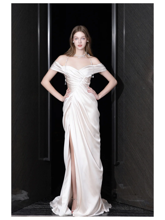 Unique Bridal Gown Mermaid Off The Shoulder Satin Ivory Wedding Dresses Bridal Gowns DP698