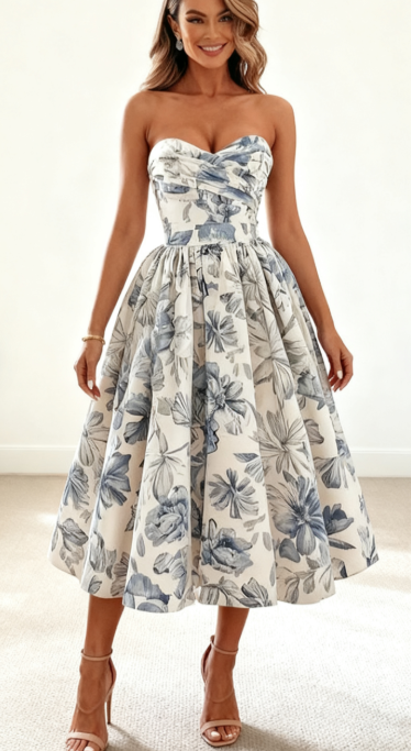 Robe de soirée élégante à fleurs bleues pour invité de mariage, tenue de soirée élégante, longueur thé, DP769