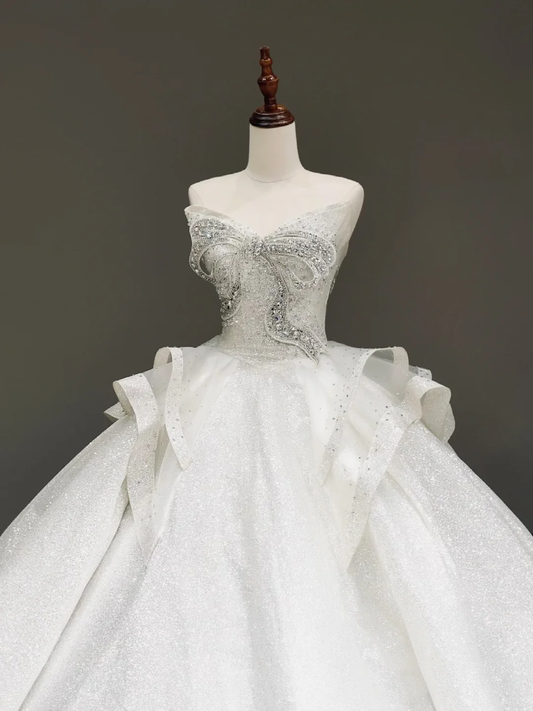 Princess Bridal Gown Ball Gown Sweetheart White Sequin Wedding Dresses With Bow-knot Bridal Gowns DP816