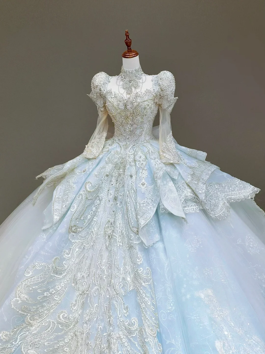 Prinzessin Brautkleid Ballkleid Hoher Ausschnitt Blau Pailletten Perlen Brautkleider Brautkleider DP830