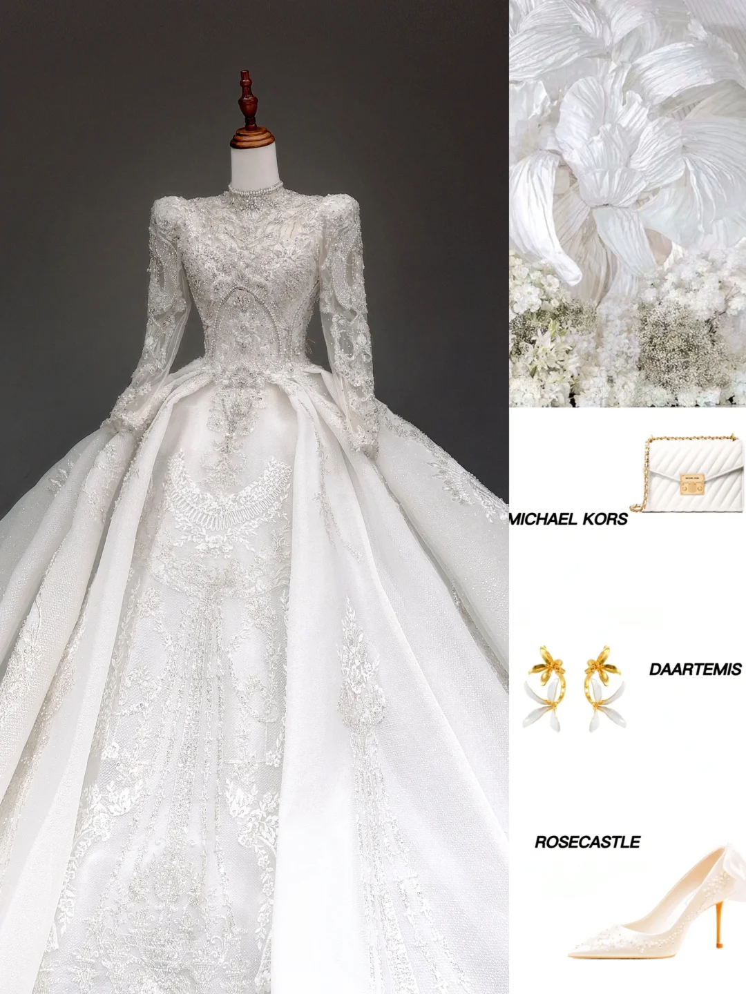 Prinzessin Brautkleid Ballkleid Hoher Ausschnitt Weiß Pailletten Perlen Brautkleider Winter Brautkleider DP880