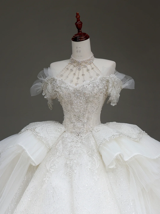 Prinzessin Brautkleid Ballkleid Weg Von Der Schulter Weiß Pailletten Perlen Brautkleider Winter Brautkleider DP886