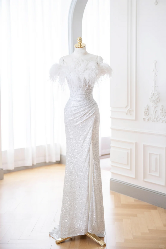 Robe de soirée longue blanche élégante style sirène à épaules dénudées et sequins DP900