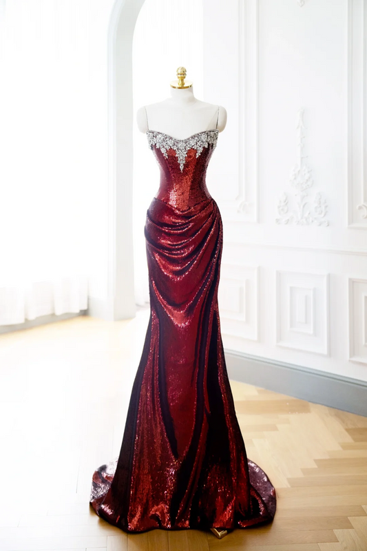 Robe de soirée longue à paillettes bordeaux, style sirène, élégante, DP902