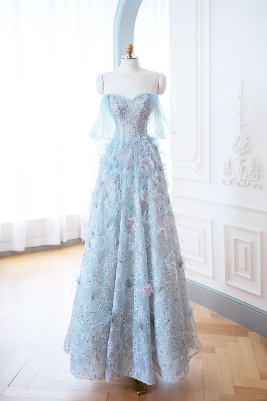 Robe de bal élégante et glamour, décolleté en cœur, paillettes, bleue, robe de soirée, DP903