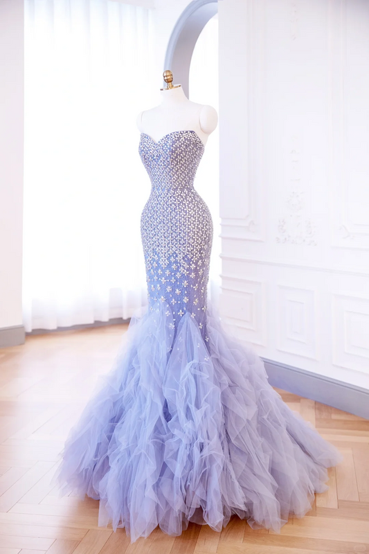 Robe de soirée longue en tulle, style sirène, lilas, décolleté en cœur, perles et paillettes, DP905