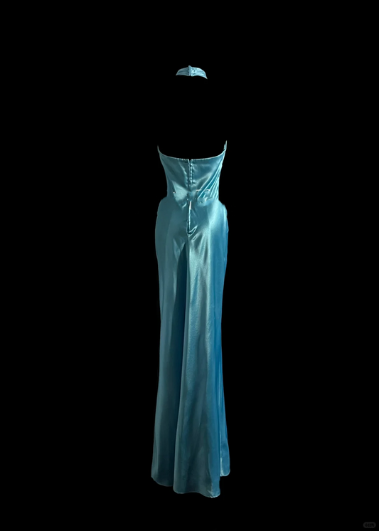 Elegant Glamour Mermaid Halter Blue Satin Long Prom Dresses Party Dress Evening Dress DP916